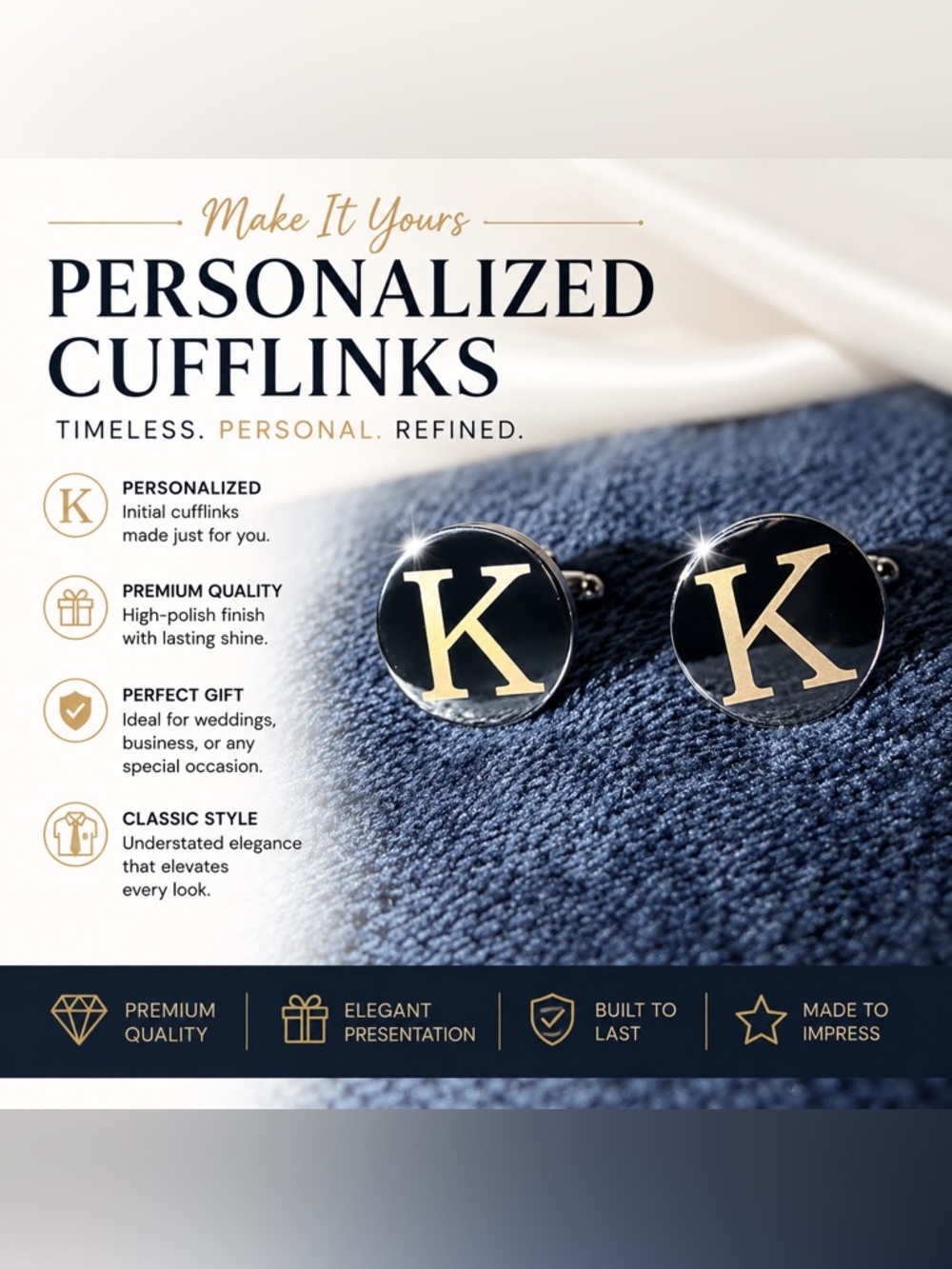 LOLIAS 1 Pair Silver Initial K Silver Cuff Links with Gift Box for Men